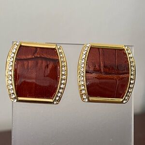 Vintage Joan Rivers ostrich leather dyed brown croco pattern pierced earrings